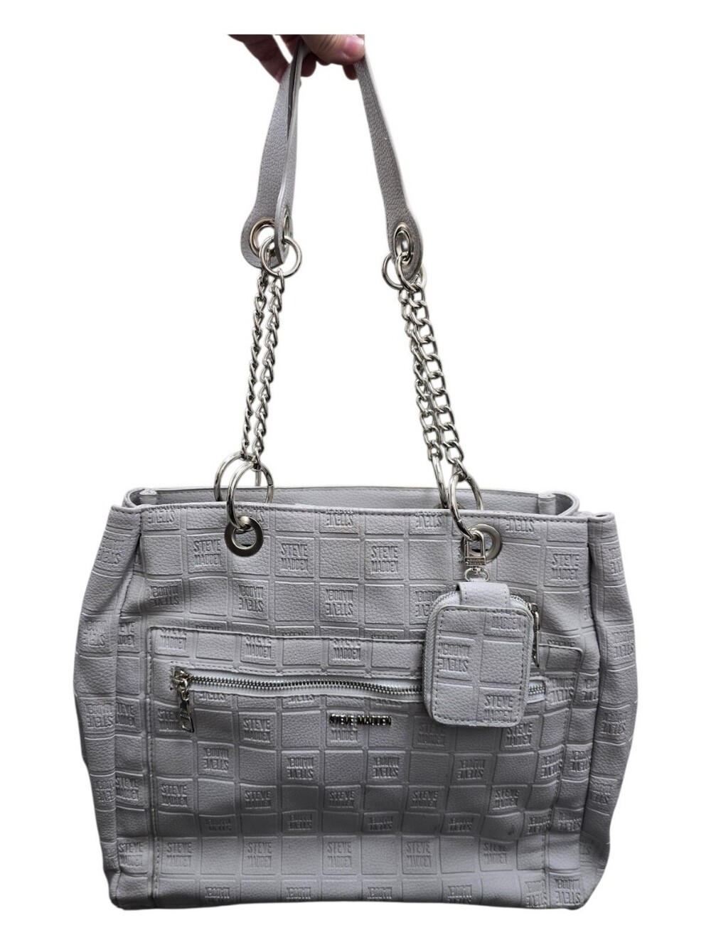 Steve Madden Light Gray Quilted Shoulder Tote with Chain Straps